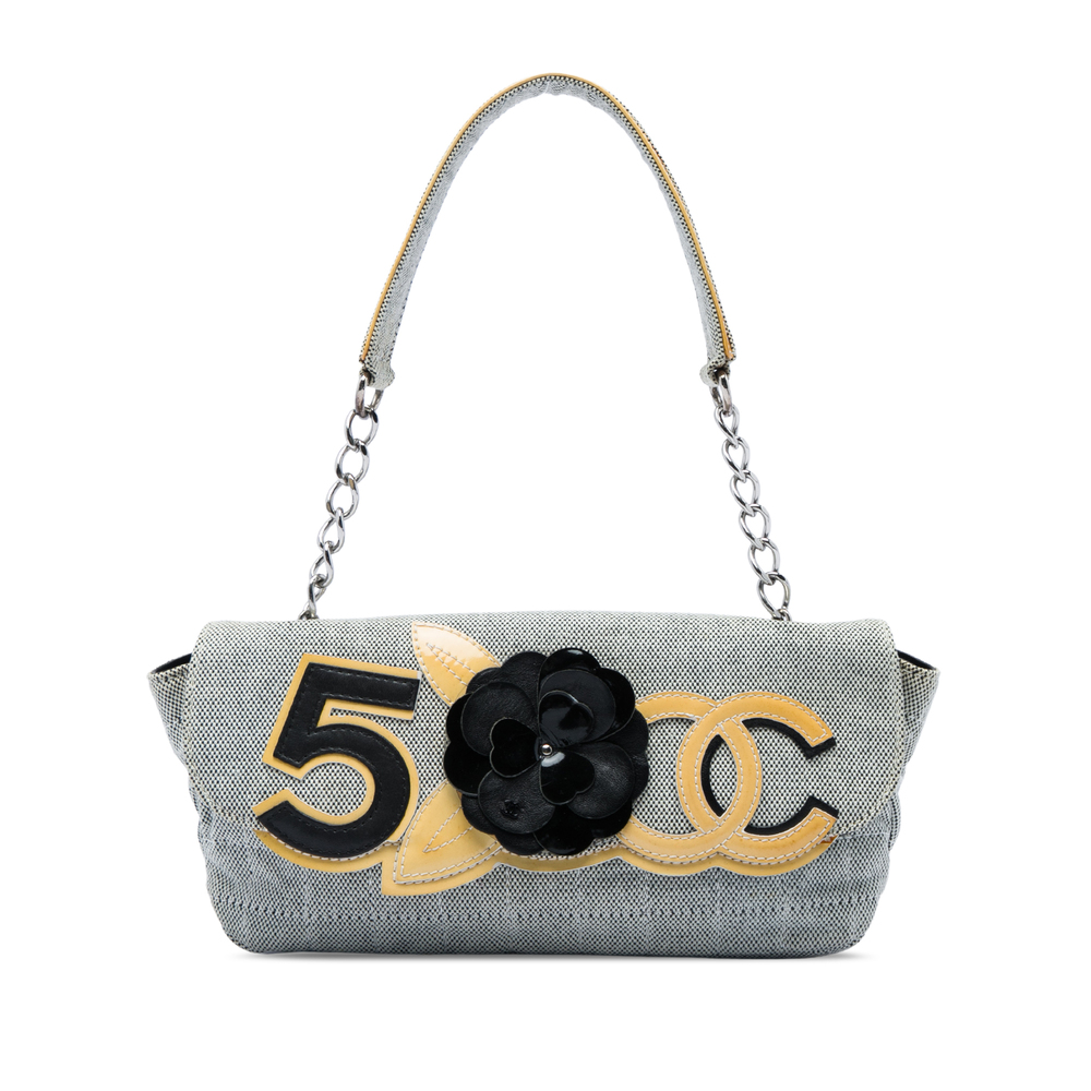 Pre-Loved Chanel Choco Bar Canvas Camellia CC No. 5 Flap Handbag